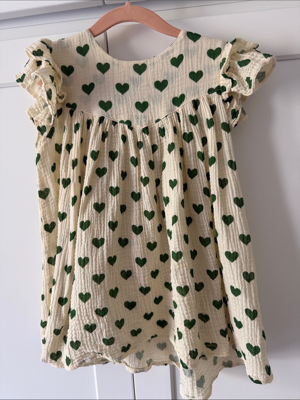 Konges Slojd Girls Cream Dress with Green Heart Print - Ruffled Sleeves Size 3Y